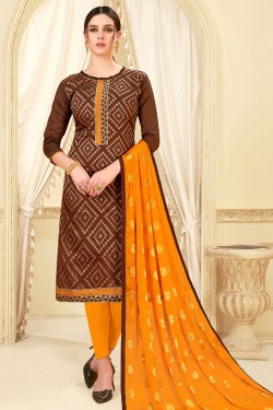 Classic Brown Banarasi Silk Jaquard Work Casual Salwar Suit With Nazmin Dupatta