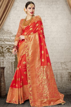 Admirable Red Silk Jaquard Work Designer Saree With Banglori Silk Blouse