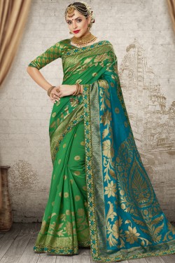 Graceful Green Silk Jaquard Work Designer Saree With Banglori Silk Blouse