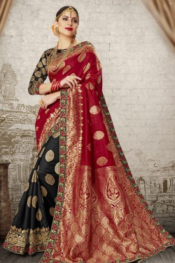 Gorgeous Black and Red Silk Jaquard Work Designer Saree With Banglori Silk Blouse