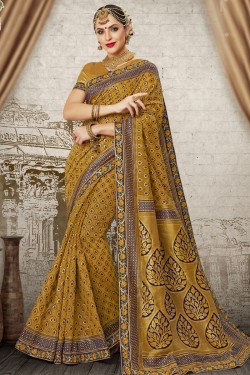Lovely Mustard Designer Silk Jaquard Work Saree With Banglori Silk Blouse