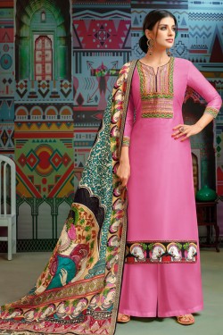 Pretty Pink Cotton Embroidered Designer Plazo Salwar Suit With Chanderi Dupatta