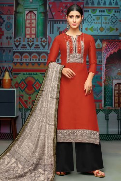 Supreme Red Cotton Embroidered Designer Plazo Salwar Suit With Chanderi Dupatta