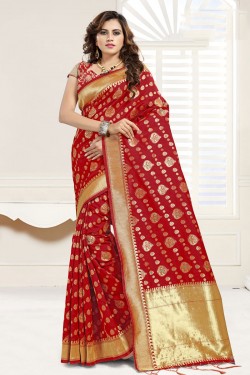 Beautiful Red Banarasi Silk Jaquard Work Designer Saree With Banarasi Silk Blouse