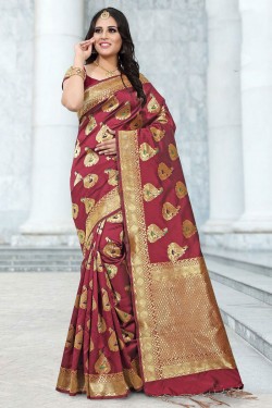 Excellent Maroon Banarasi Silk Jaquard Work Designer Saree With Banarasi Silk Blouse