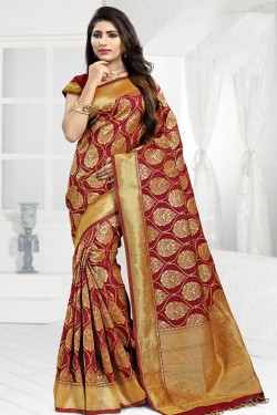 Ultimate Maroon Banarasi Silk Jaquard Work Designer Saree With Banarasi Silk Blouse