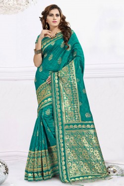 Classic Teal Designer Banarasi Silk Jaquard Work Saree With Banarasi Silk Blouse