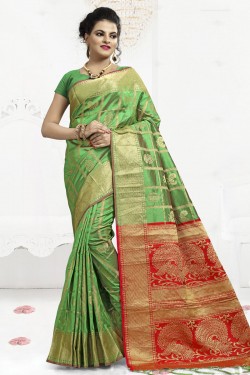 Desirable Green Designer Banarasi Silk Jaquard Work Saree With Banarasi Silk Blouse