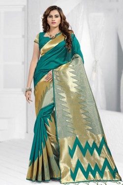 Optimum Teal Banarasi Silk Jaquard Work Designer Saree With Banarasi Silk Blouse
