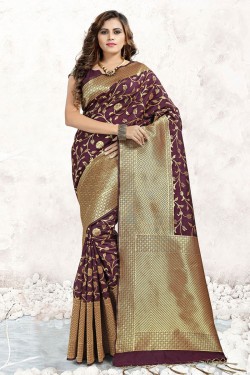Stylish Coffee Banarasi Silk Jaquard Work Designer Saree With Banarasi Silk Blouse