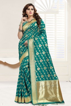 Pretty Teal Banarasi Silk Jaquard Work Designer Saree With Banarasi Silk Blouse