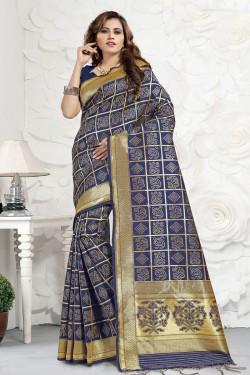 Classic Blue Banarasi Silk Jaquard Work Designer Saree With Banarasi Silk Blouse