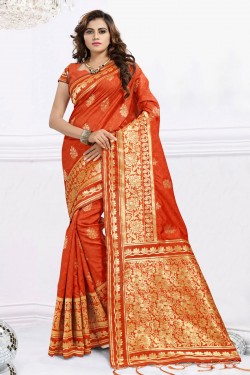 Charming Orange Designer Banarasi Silk Jaquard Work Saree With Banarasi Silk Blouse