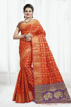 Pretty Orange Banarasi Silk Jaquard Work Designer Saree With Banarasi Silk Blouse