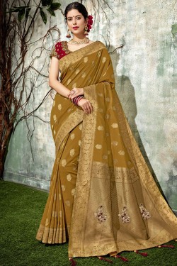 Admirable Golden Silk Jaquard Work Designer Saree With Silk Blouse