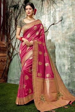 Lovely Pink Silk Jaquard Work Designer Saree With Silk Blouse