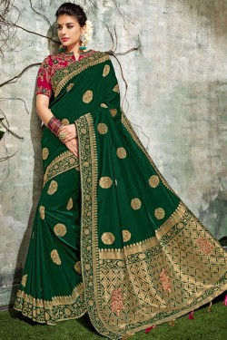 Stylish Green Silk Jaquard Work Designer Saree With Silk Blouse
