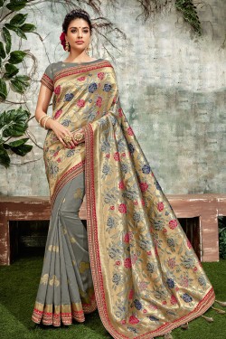 Pretty Grey Designer Silk Jaquard Work Saree With Silk Blouse