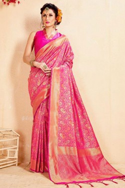 Pretty Pink Banarasi Silk Jaquard Work Designer Saree With Banarasi Silk Blouse