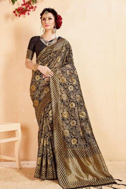 Gorgeous Black Designer Banarasi Silk Jaquard Work Saree With Banarasi Silk Blouse