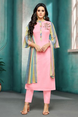 Pretty Pink Silk Embroidered Designer Salwar Suit With Maslin Dupatta