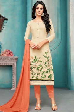 Beautiful Cream Brown Silk Embroidered Designer Salwar Suit With Maslin Dupatta