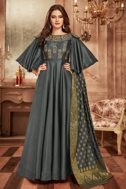 Charming Grey Tapeta Embroidered Designer Gown