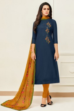 Beautiful Blue Chanderi Embroidered Designer Casual Salwar Suit With Chiffon Dupatta