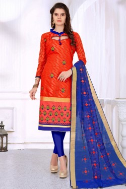 Pretty Orange Cotton Embroidered Designer Casual Salwar Suit With Silk Dupatta