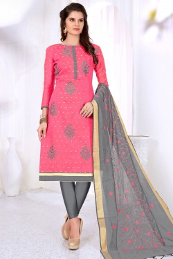Gorgeous Pink Cotton Embroidered Designer Casual Salwar Suit With Silk Dupatta