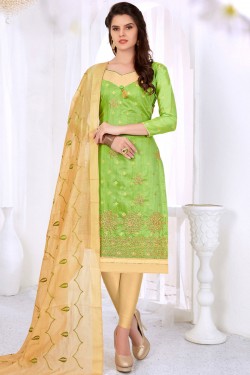 Optimum Green Cotton Designer Casual Salwar Suit With Silk Dupatta