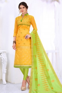 Excellent Yellow Cotton Embroidered Designer Casual Salwar Suit With Silk Dupatta