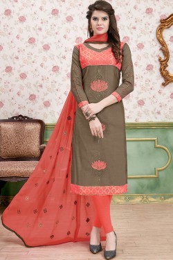 Supreme Beige and Pink Cotton Embroidered Designer Casual Salwar Suit With Nazmin Dupatta