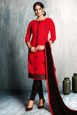 Classic Red Cotton Embroidered Designer Casual Salwar Suit With Nazmin Dupatta