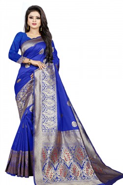 Excellent Blue Cotton Jaquard Work Designer Saree With Cotton Blouse