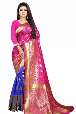 Lovely Pink and Blue Cotton Jaquard Work Designer Saree With Cotton Blouse