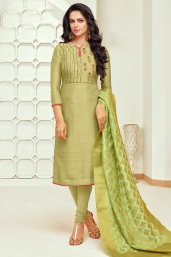 Stylish Green Silk Designer Casual Salwar Suit With Banarasi Silk Dupatta