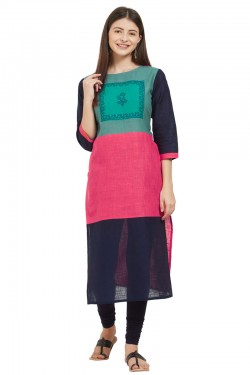 Excellent Pink and Green Cotton Designer Printed Kurti