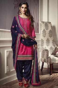 Pretty Pink Cotton and Satin Embroidered Designer Patiala Salwar Suit With Nazmin Dupatta