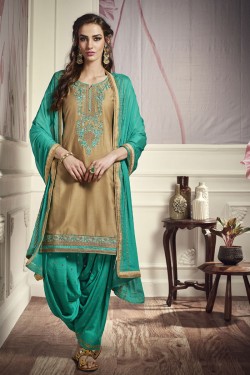 Excellent Golden Cotton and Satin Embroidered Designer Patiala Salwar Suit With Nazmin Dupatta