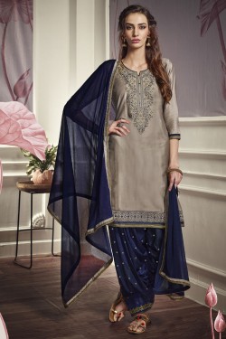 Optimum Grey Cotton and Satin Embroidered Designer Patiala Salwar Suit With Nazmin Dupatta