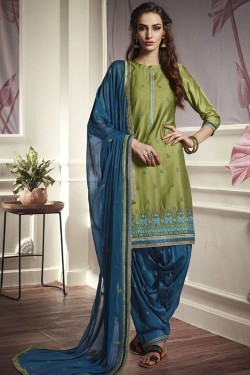 Classic Mehendi Green Cotton and Satin Embroidered Designer Patiala Salwar Suit With Nazmin Dupatta
