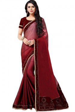Beautiful Maroon Chiffon Printed Party Wear Saree With Velvet Blouse