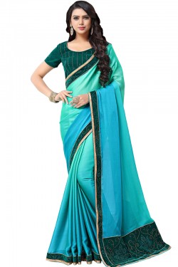 Stylish Turquoise Chiffon Printed Party Wear Saree With Velvet Blouse