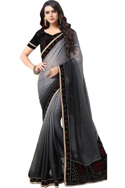 Excellent Black Chiffon Printed Party Wear Saree With Velvet Blouse