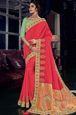 Pretty Peach Silk Embroidered Designer Saree With Banglori Silk Blouse