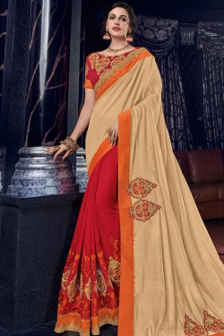 Charming Cream and Pink Silk Embroidered Designer Saree With Banglori Silk Blouse