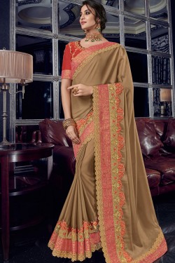 Pretty Beige Georgette Embroidered Designer Saree With Banglori Silk Blouse