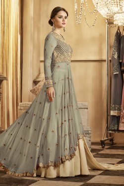 Desirable Beige Silk Designer Anarkali Salwar Suit With Nazmin Dupatta