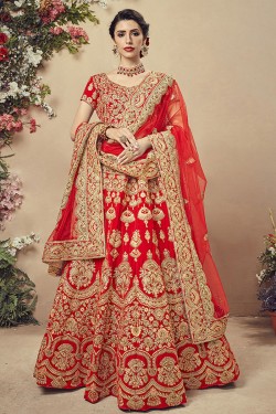 Stylish Red Velvet Embroidered Bridal Lehenga Choli